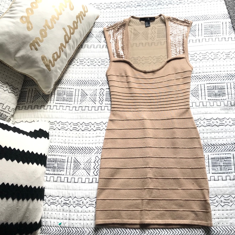 Champagne Sequined Mesh Back Dress